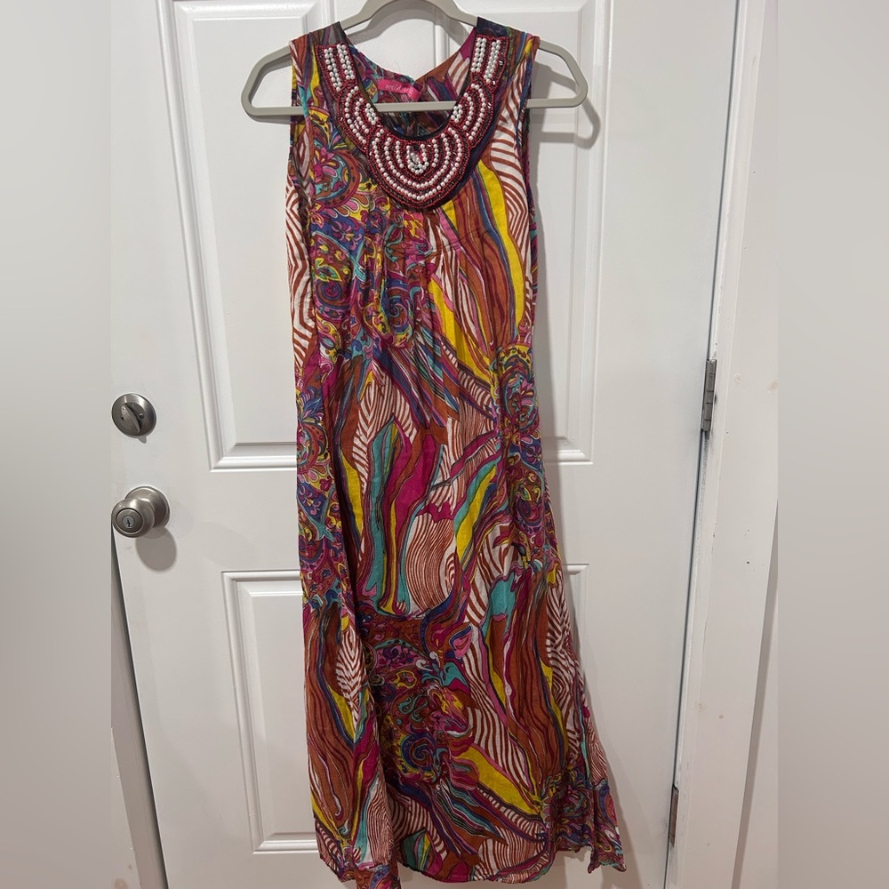 Beaded-Neckline Multicolor Maxi Dress